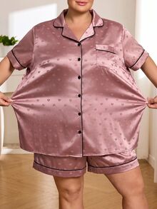 SHEIN CURVE+ 大尺碼女款拼色短袖上衣與短褲休閒日常兩件套 - 藕粉色 - 查看 3