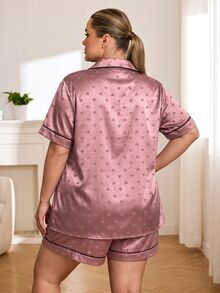 SHEIN CURVE+ 大尺碼女款拼色短袖上衣與短褲休閒日常兩件套 - 藕粉色 - 查看 2
