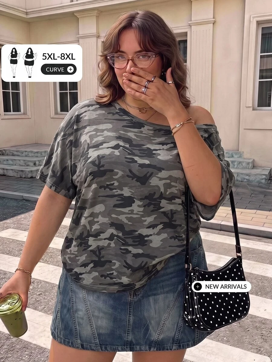 SHEIN CURVE+ 休閒簡約素色大尺碼女款T恤,適合春夏穿著 - 彩色 - 查看 1