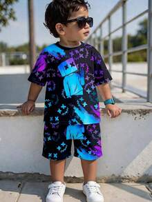 SHEIN 2pcs Kids Young Boy Casual Vision Fluorescent Cartoon Pattern Round Neck Short Sleeve Shorts 2 Pieces Outfit Set, Suitable For Spring/Summer , Daily Wear, Sports, Outings, School, Parties, Festivals, Photoshoots - Blue - View 7