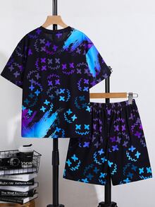 SHEIN 2pcs Kids Young Boy Casual Vision Fluorescent Cartoon Pattern Round Neck Short Sleeve Shorts 2 Pieces Outfit Set, Suitable For Spring/Summer , Daily Wear, Sports, Outings, School, Parties, Festivals, Photoshoots - Blue - View 2