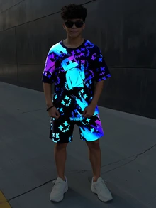 SHEIN 2pcs Kids Young Boy Casual Vision Fluorescent Cartoon Pattern Round Neck Short Sleeve Shorts 2 Pieces Outfit Set, Suitable For Spring/Summer , Daily Wear, Sports, Outings, School, Parties, Festivals, Photoshoots - Blue - View 5
