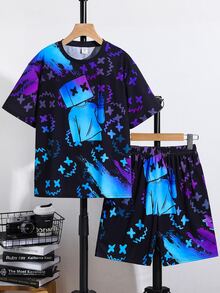 SHEIN 2pcs Kids Young Boy Casual Vision Fluorescent Cartoon Pattern Round Neck Short Sleeve Shorts 2 Pieces Outfit Set, Suitable For Spring/Summer , Daily Wear, Sports, Outings, School, Parties, Festivals, Photoshoots - Blue - View 4