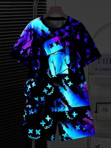 SHEIN 2pcs Kids Young Boy Casual Vision Fluorescent Cartoon Pattern Round Neck Short Sleeve Shorts 2 Pieces Outfit Set, Suitable For Spring/Summer , Daily Wear, Sports, Outings, School, Parties, Festivals, Photoshoots - Blue - View 3