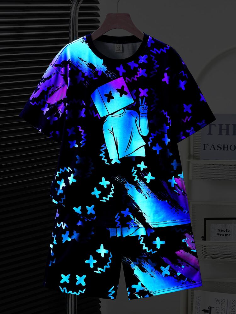 SHEIN 2pcs Kids Young Boy Casual Vision Fluorescent Cartoon Pattern Round Neck Short Sleeve Shorts 2 Pieces Outfit Set, Suitable For Spring/Summer , Daily Wear, Sports, Outings, School, Parties, Festivals, Photoshoots - Blue - View 3