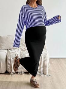 SHEIN 2 件套：插肩袖条纹上衣和纯色紧身孕妇装，适合秋季 - 寶藍色 - 查看 4