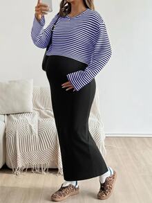 SHEIN 2 件套：插肩袖条纹上衣和纯色紧身孕妇装，适合秋季 - 寶藍色 - 查看 7