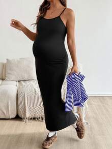 SHEIN 2 件套：插肩袖条纹上衣和纯色紧身孕妇装，适合秋季 - 寶藍色 - 查看 3