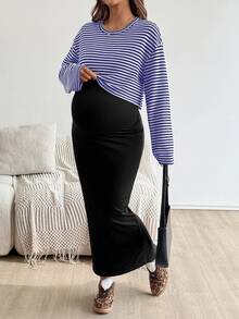 SHEIN 2 件套：插肩袖条纹上衣和纯色紧身孕妇装，适合秋季 - 寶藍色 - 查看 6