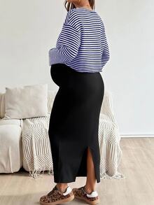 SHEIN 2 件套：插肩袖条纹上衣和纯色紧身孕妇装，适合秋季 - 寶藍色 - 查看 2