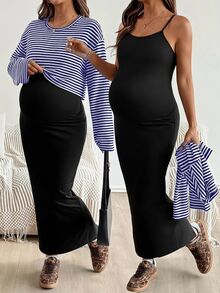 SHEIN 2 件套：插肩袖条纹上衣和纯色紧身孕妇装，适合秋季 - 寶藍色 - 查看 1