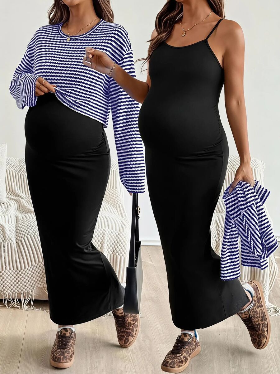 SHEIN 2 件套:插肩袖条纹上衣和纯色紧身孕妇装,适合秋季 - 寶藍色 - 查看 1