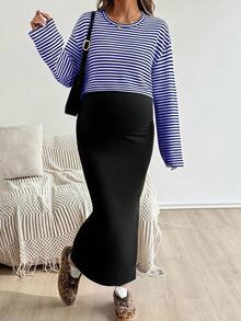 SHEIN 2 件套：插肩袖条纹上衣和纯色紧身孕妇装，适合秋季 - 寶藍色 - 查看 5