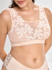 Slumbrini 加大码杏色无肩带文胸，薄蕾丝网眼无钢圈提拉聚拢性感度假文胸 - 杏色 - 查看 6