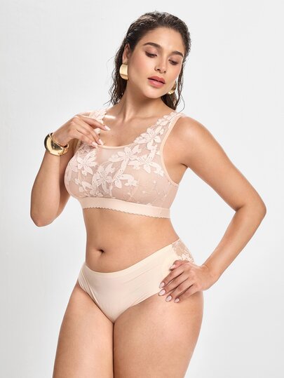 Slumbrini Bra Tanpa Tali Ukuran Besar Warna Aprikot untuk Wanita, Bra Liburan Seksi dengan Renda Tipis, Jala, Tanpa Kawat, dan Pengangkat & Pengumpul