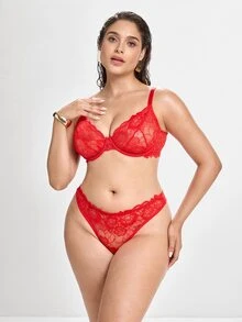 Slumbrini 1 Set de Sujetador y Ropa Interior de Encaje con Aros para Mujer Talla Grande, unicolor, Cómodo y con Elevación - Rojo - Ver 4