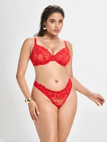 Slumbrini 1 Set de Sujetador y Ropa Interior de Encaje con Aros para Mujer Talla Grande, unicolor, Cómodo y con Elevación - Rojo - Ver 6