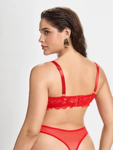 Slumbrini 1 Set de Sujetador y Ropa Interior de Encaje con Aros para Mujer Talla Grande, unicolor, Cómodo y con Elevación - Rojo - Ver 2