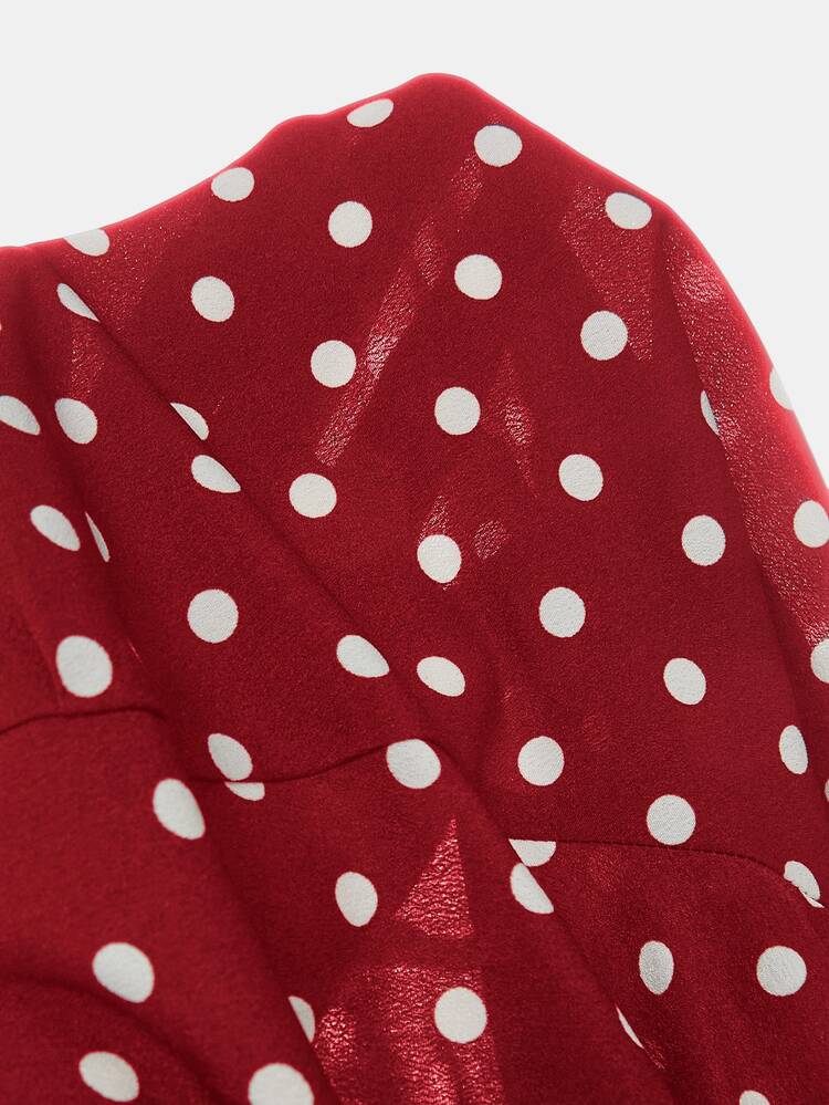 SHEIN Girlism Teen Girl Elegant Cold Shoulder Long Sleeve Red Polka Dot Fall Dress, Fall Outfits, Winter, Christmas Dress, Vintage Puff Sleeve Belt Midi A-Line - Burgundy - View 6