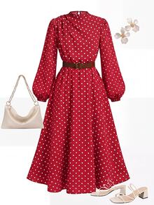 SHEIN Girlism 青少年女孩優雅露肩長袖紅色波點秋季洋裝，秋季穿搭，冬季聖誕洋裝，復古泡泡袖腰帶中長版A字裙 - 酒紅色 - 查看 2