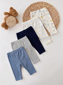 SHEIN 新生兒男嬰可愛動物印花條紋恐龍素色5件套 刷毛加厚長褲 冬季適用 - 彩色 - 查看 5