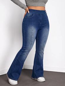Jeanoix Plus Size Fashion Sexy Button Pocket Flared Jeans - Blue - View 5
