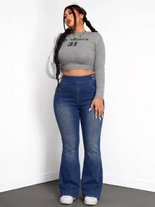 Jeanoix Plus Size Fashion Sexy Button Pocket Flared Jeans - Blue - View 3