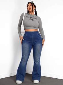 Jeanoix Plus Size Fashion Sexy Button Pocket Flared Jeans - Blue - View 4