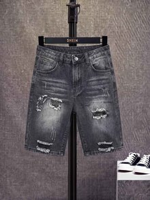 SHEIN 青少年男童做旧斜插口袋休闲牛仔短裤 - 黑色 - 查看 1