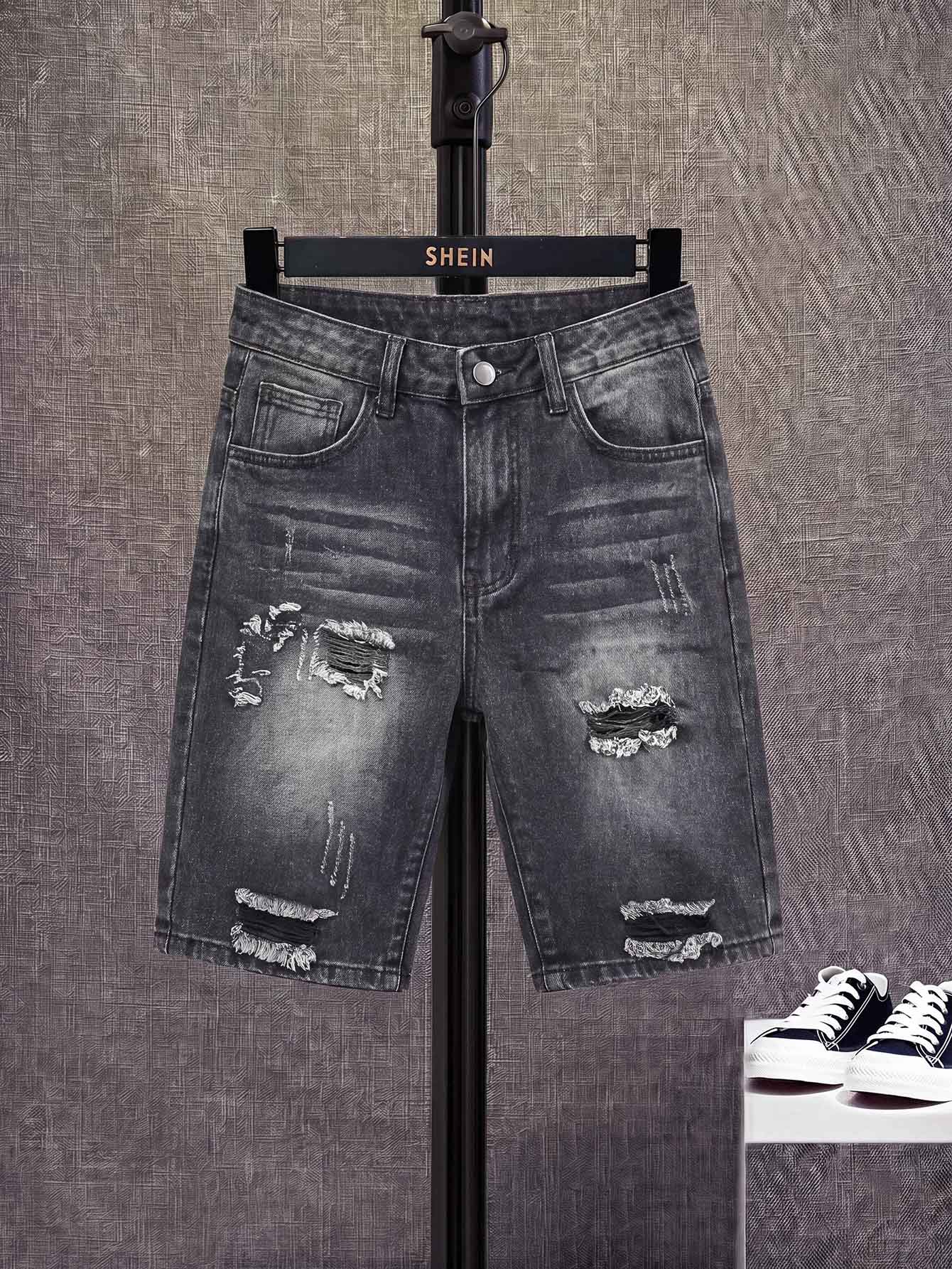 SHEIN 青少年男童做旧斜插口袋休闲牛仔短裤 - 黑色 - 查看 1