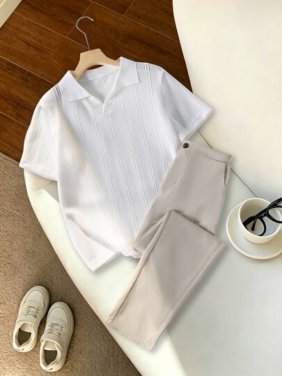 Teen Boys Casual White Short Sleeve Top + Light Khaki Casual Long Pants, Suitable For Daily Commute, Casual Outings, Beach Vacation, Back To School