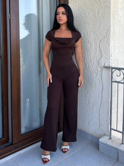 Vassilux New Cowl Neck Cinched Waist Brown Elegant Commuter Chic Short Sleeve Jumpsuit For Women Jumpsuit Women Elegant Jumpsuits
