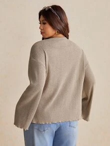 Elaquor 大码女式金属花单排扣长袖宽松休闲夹克 - 駝色 - 查看 3