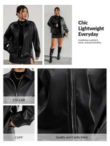 Firerie Jaket PU Lengan Panjang Hitam Ukuran Besar untuk Wanita, Pakaian Musim Gugur untuk Wanita / Jaket Biasa untuk Wanita di Kantor/Bandara Musim Gugur/Dingin - Hitam - View 9