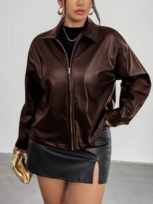 Firerie 大尺碼女款黑色長袖PU夾克外套 - 棕色 - 查看 6
