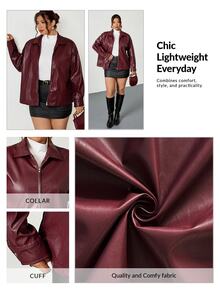 Firerie Plus Size Solid Color Zip-Up Casual Versatile Long Sleeve Jacket Autumn Winter Red Fall/Winter - Burgundy - View 8