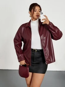 Firerie Plus Size Solid Color Zip-Up Casual Versatile Long Sleeve Jacket Autumn Winter Red Fall/Winter - Burgundy - View 3