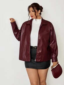 Firerie Plus Size Solid Color Zip-Up Casual Versatile Long Sleeve Jacket Autumn Winter Red Fall/Winter - Burgundy - View 5