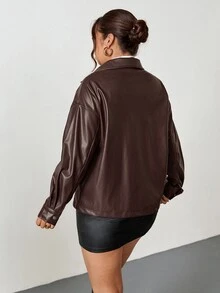 Firerie 大尺碼女款棕色純色拉鍊休閒牛仔風百搭長袖夾克，秋冬穿著 - 咖啡棕 - 查看 3