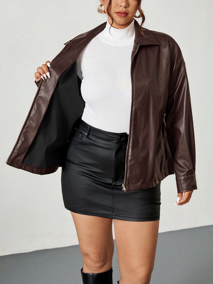 Firerie Plus Size Solid Color Zip-Up Casual Cowboy Versatile Long Sleeve Jacket Autumn Winter For Women Brown - Coffee Brown - View 9