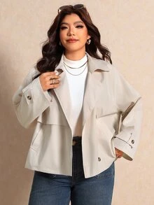 Elaquor Plus Size Women's Solid Color Long Sleeve Lapel Neck Casual Elegant Simple Trench Coat Jacket Autumn Office Formal Rodeo Fall Beige - Khaki - View 5