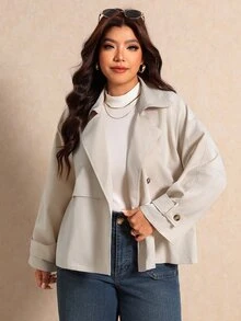 Elaquor Plus Size Women's Solid Color Long Sleeve Lapel Neck Casual Elegant Simple Trench Coat Jacket Autumn Office Formal Rodeo Fall Beige - Khaki - View 11