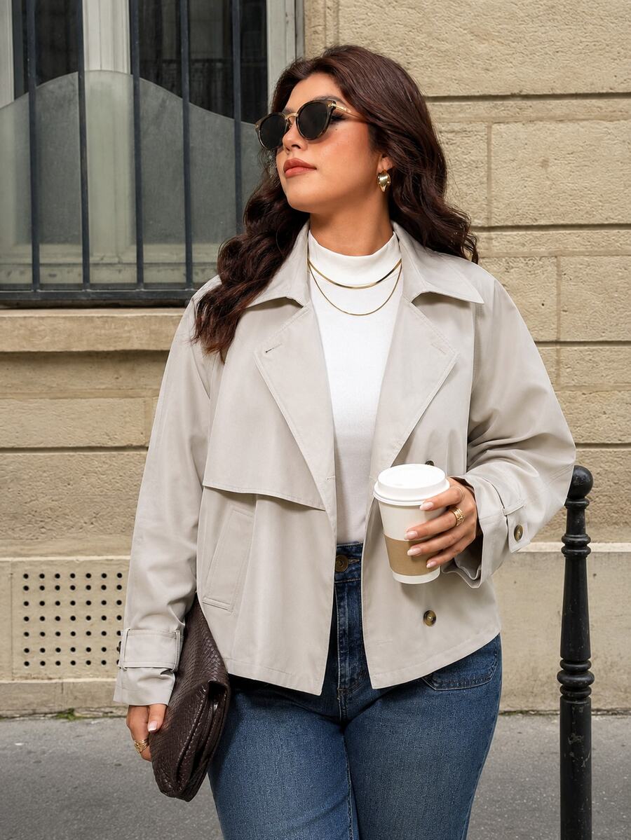 Elaquor Plus Size Women's Solid Color Long Sleeve Lapel Neck Casual Elegant Simple Trench Coat Jacket Autumn Office Formal Rodeo Fall Beige