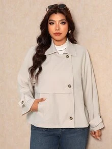 Elaquor Plus Size Women's Solid Color Long Sleeve Lapel Neck Casual Elegant Simple Trench Coat Jacket Autumn Office Formal Rodeo Fall Beige - Khaki - View 8