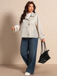 Elaquor Plus Size Women's Solid Color Long Sleeve Lapel Neck Casual Elegant Simple Trench Coat Jacket Autumn Office Formal Rodeo Fall Beige - Khaki - View 7
