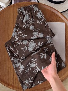 Rusticease Dark Brown Elastic Waist Wide Leg Pants Vacation Holiday Autumn Casual Sexy Boho Beach - Brown - View 1