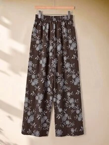 Rusticease Dark Brown Elastic Waist Wide Leg Pants Vacation Holiday Autumn Casual Sexy Boho Beach - Brown - View 2