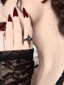 ROMWE 1pc Fashion Hip-Hop Electroplated Gun Black Four-Pointed Star Spike Open Ring, Oval Purple Cubic Zirconia Unisex Finger Ring, Gothic Punk Dark Style, Y2K Sweet Cool Style Tail Ring - Ring - View 13
