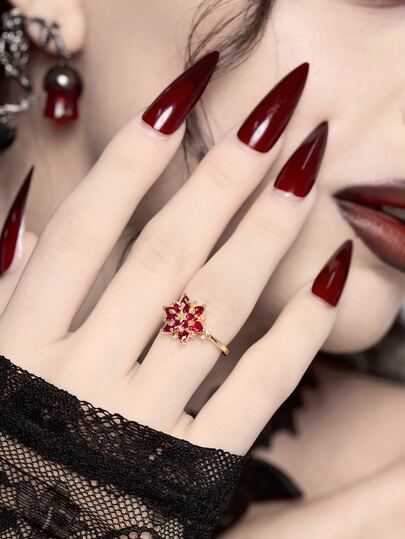 ROMWE Goth Vintage Handmade Red Cubic Zirconia Lotus Flower Engagement Ring, Unique Gold & Silver Color Ring For Women, Birthstone Floral Ring, Party Jewelry, Mother's Day Gift
