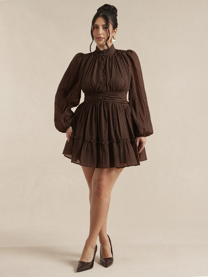 SHEIN BAE CURVE Women's Elegant Dark Brown Autumn Mini Dress – Features A Stand Collar, Lantern Sleeves, And A Pleated Design With A Ruffled Hem; Stylish And Chic,